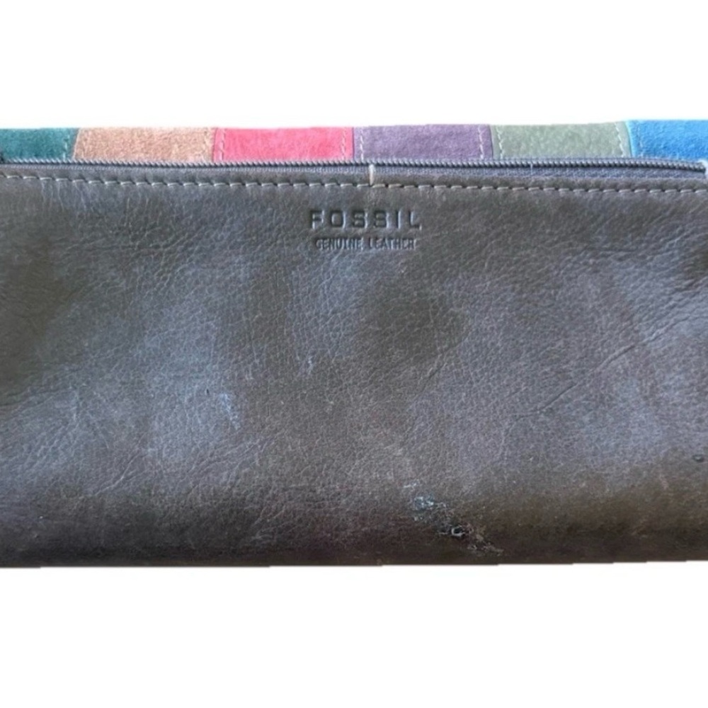 FOSSIL Vintage Multicolor Patchwork Leather Striped Organizer Wallet Brown - Picture 2 of 9